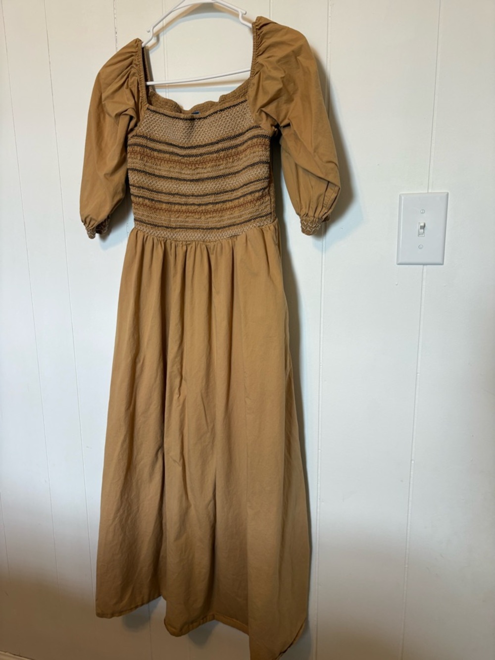 Old Navy Camel Smocked Midi Dress with Puff Sleeves